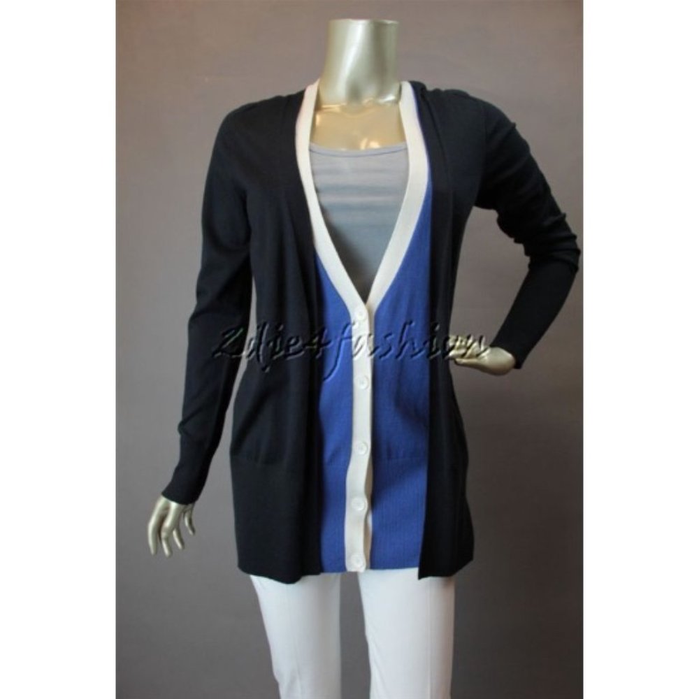 $1495 New RENA LANGE Blue Black Double Layer Silk Blend Cardigan Sweater M
